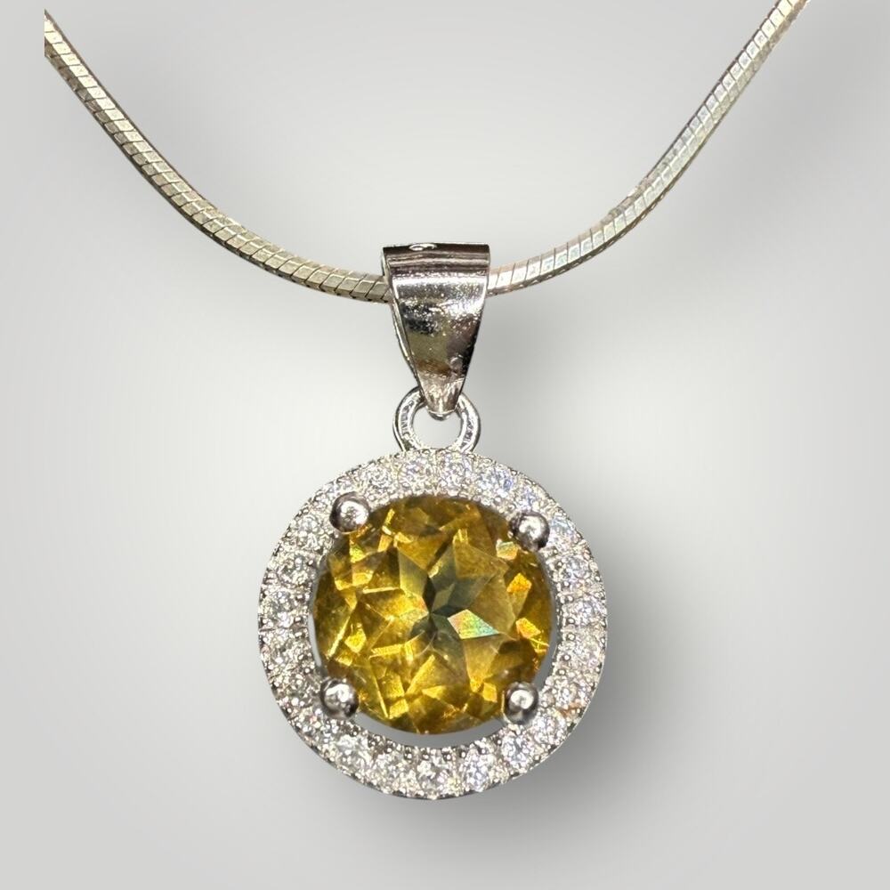 Sterling Silver 925 Pendant Necklace Yellow Stone Halo CZ Round Charm Voreno